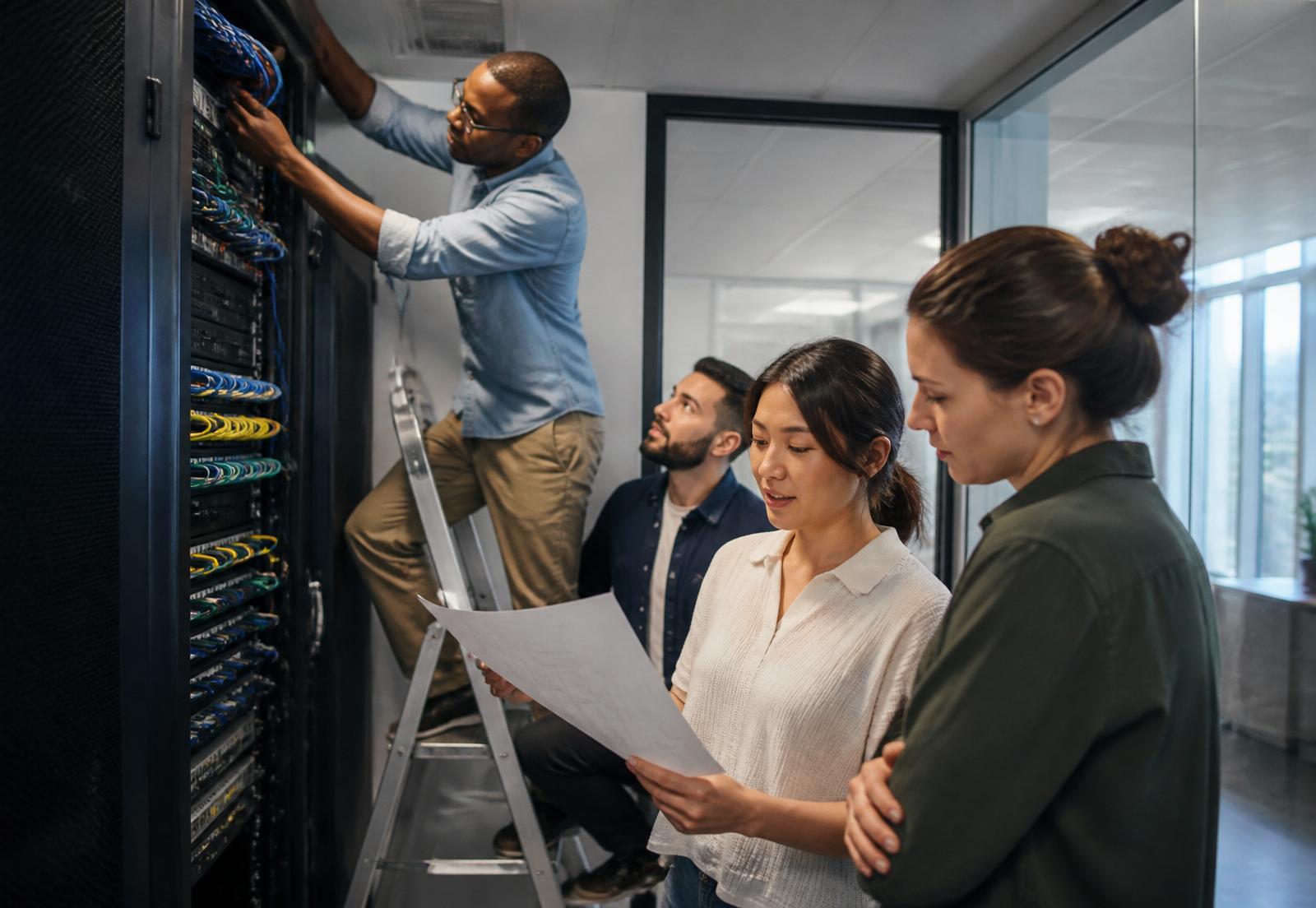 A project team installing and commissioning network equipment in an office comms room