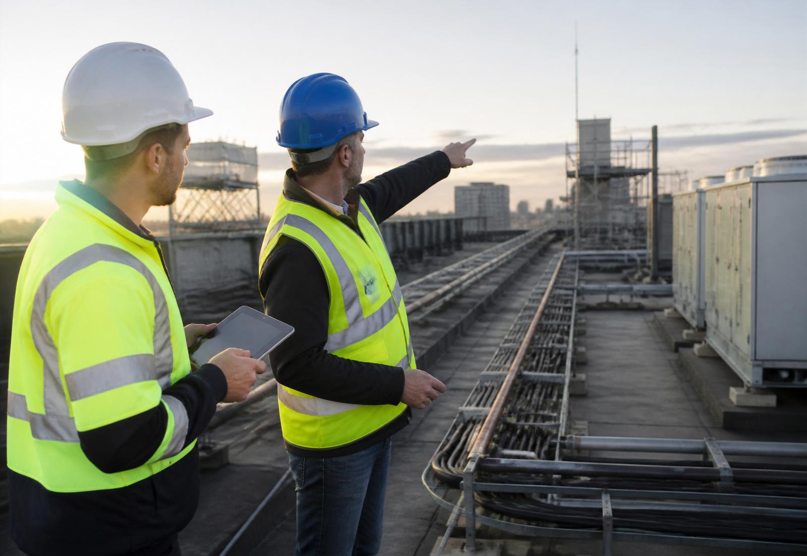 Two TKWIT Global engineers in safety gear surveying rooftop cable routes at sunrise