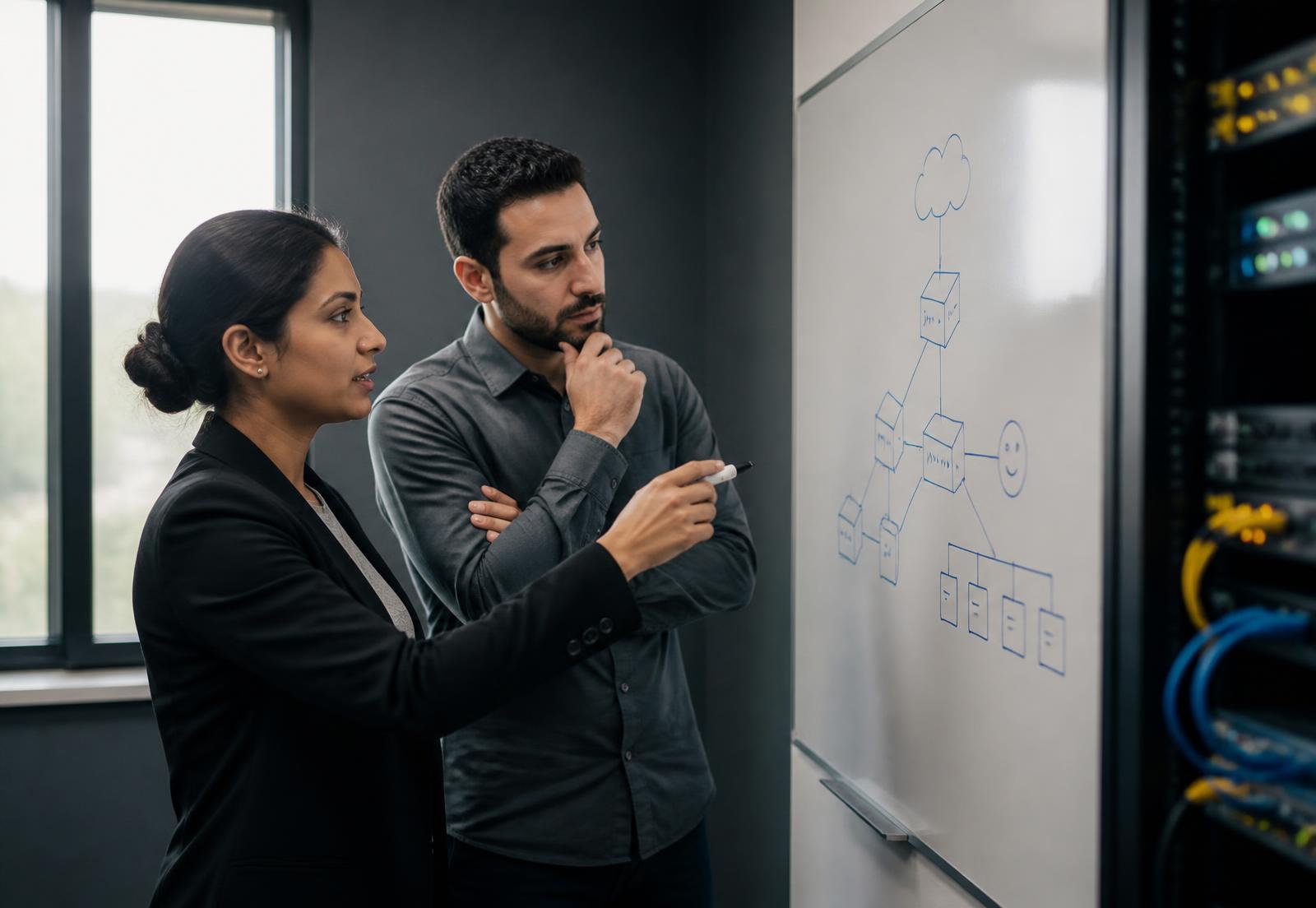 Two TKWIT Global engineers reviewing a hand-drawn network diagram at a whiteboard